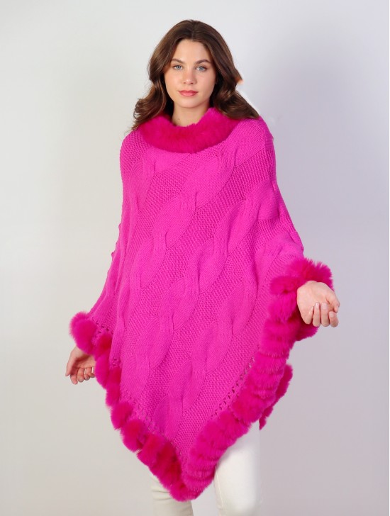 Solid Color Knitted Poncho W/ Fur Collar & Trim